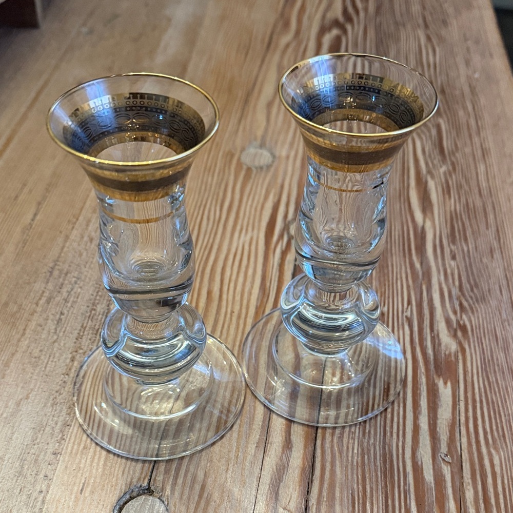Pair of vintage Turkish Gold Rimmed Glass Candle Holders